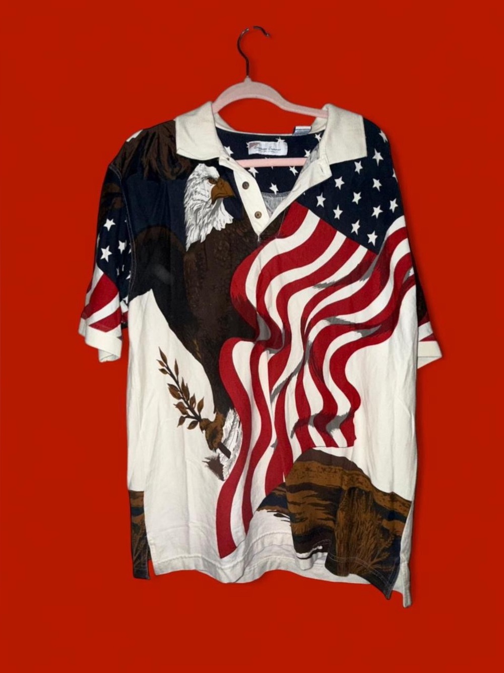 Patriotic Eagle & Flag Short-Sleeve Polo Shirt - White/Red/Blue